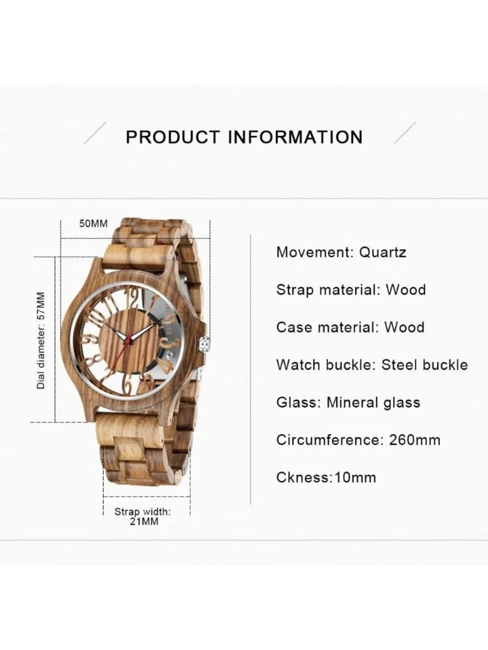 Men's All Brown Quartz Ebony Zebra Fold over Clasp Wood Strap Round Wooden Watch